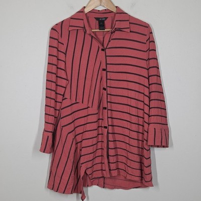 Ali Miles Coral Pink Stripe Crinkle Asymmetrical Button Up Tunic Top S Boho Art