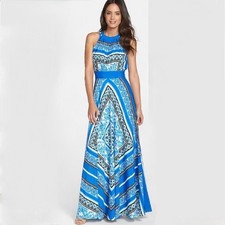 Eliza J Blue Geometric Print Halter Neck Maxi Dress Size 2