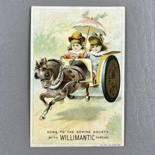 Victorian Trade Card Willimantic Thread Going To Sewing Society Children Horse