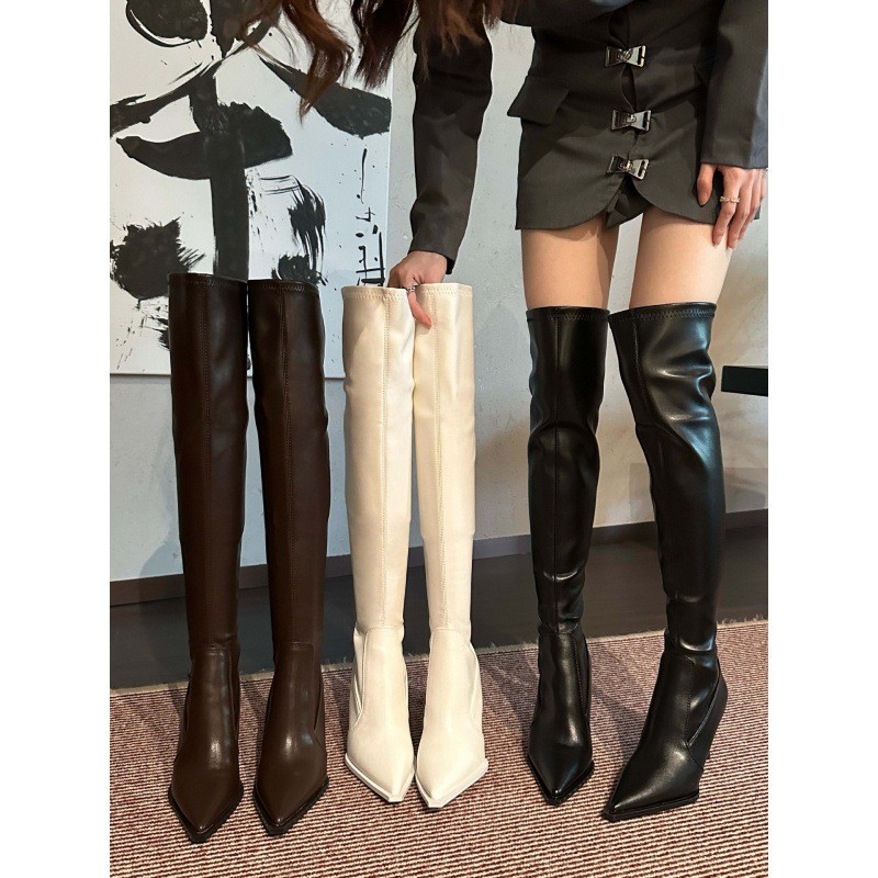 White Womens Knee Over Long Boots New Pointed Toe High Heels Elastic Long Boots