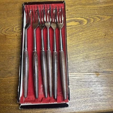 Vtg Set Of Six Mid Century Bonavita Fondue Forke Forks Wood Handles In Box