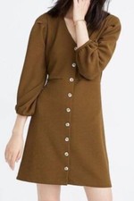 Madewell Texture & Thread Green Brown Crepe Ballon Sleeve Fit & Flare Dress Sz S
