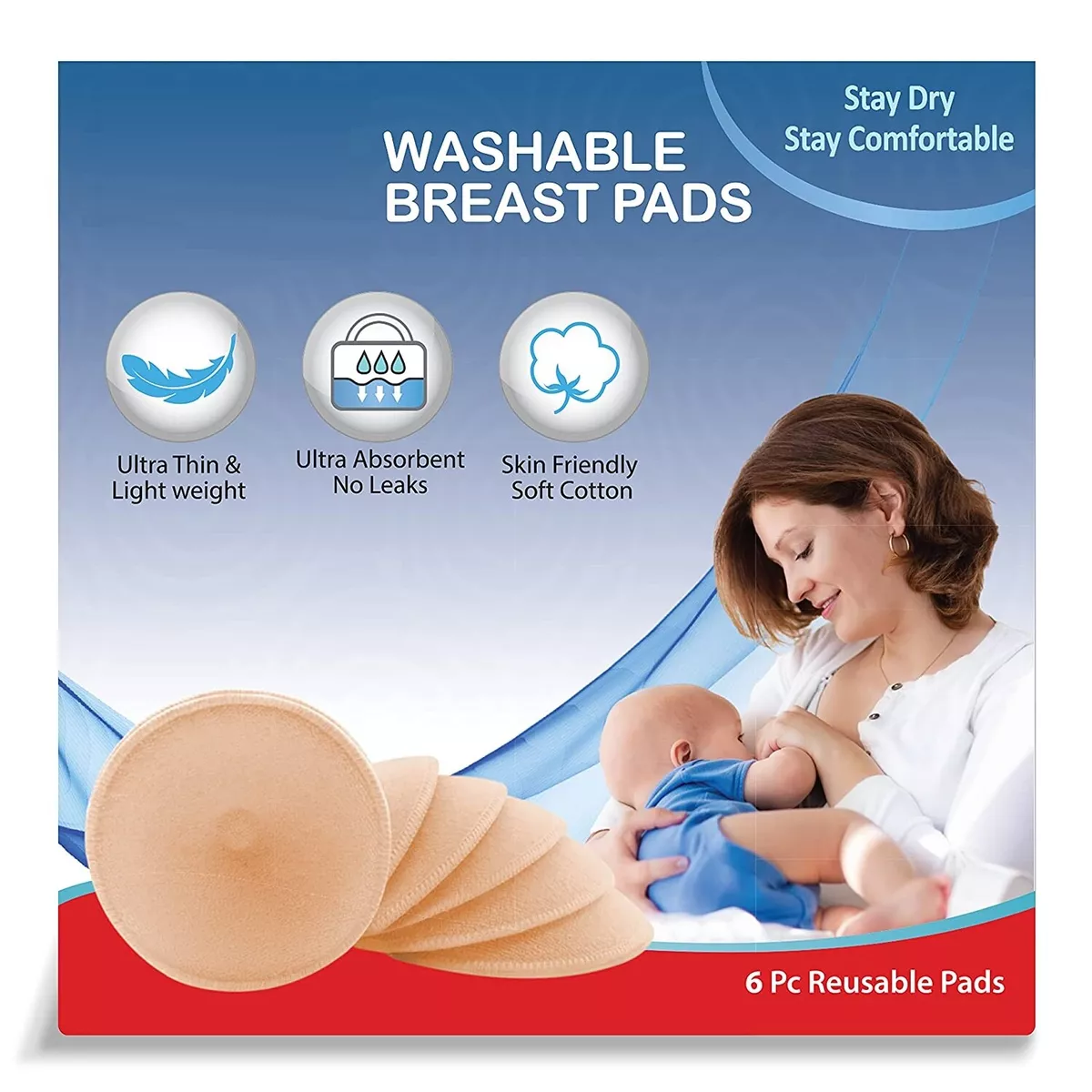 Breast Pads Washable Maternity Nursing, Reusable ,Leak-proof 6Pcs