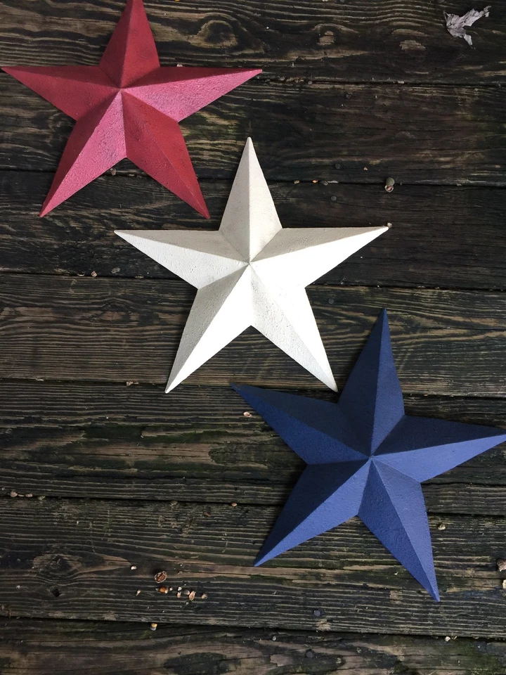 Vintage Primitivo EE. UU. Americana Granero Estrellas Metal Patriótico 15" ÚNICO Set 3 ❤️j8 Foto 4 de 4