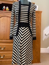 Vintage Retro 3Piece Knit Striped Outfit, Black Tan Cardigan,Shell,Skirt