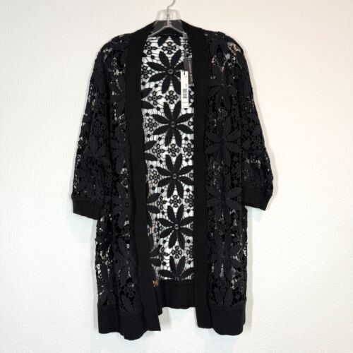 T Tahari Black Cardigan Kimono Jacket Size Large Cashmere Blend Lace