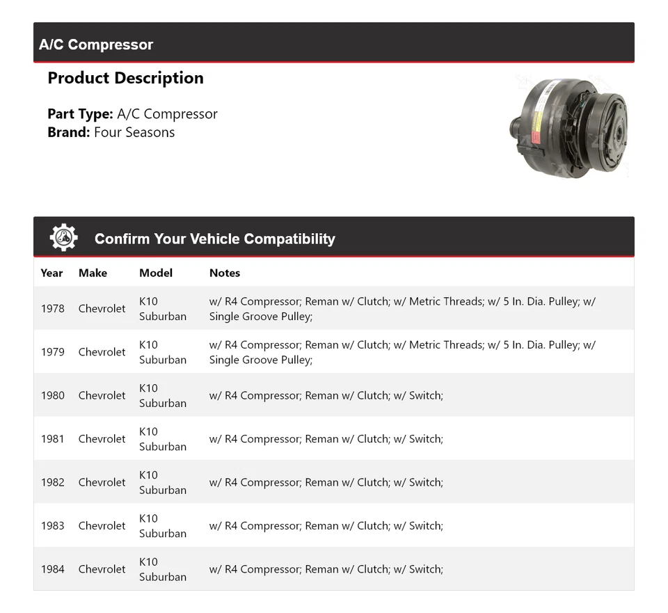 Compresor de aire acondicionado para Chevrolet K10 Suburban 1978-1984 4 estaciones 1979 1980 1981 Foto 2 de 4