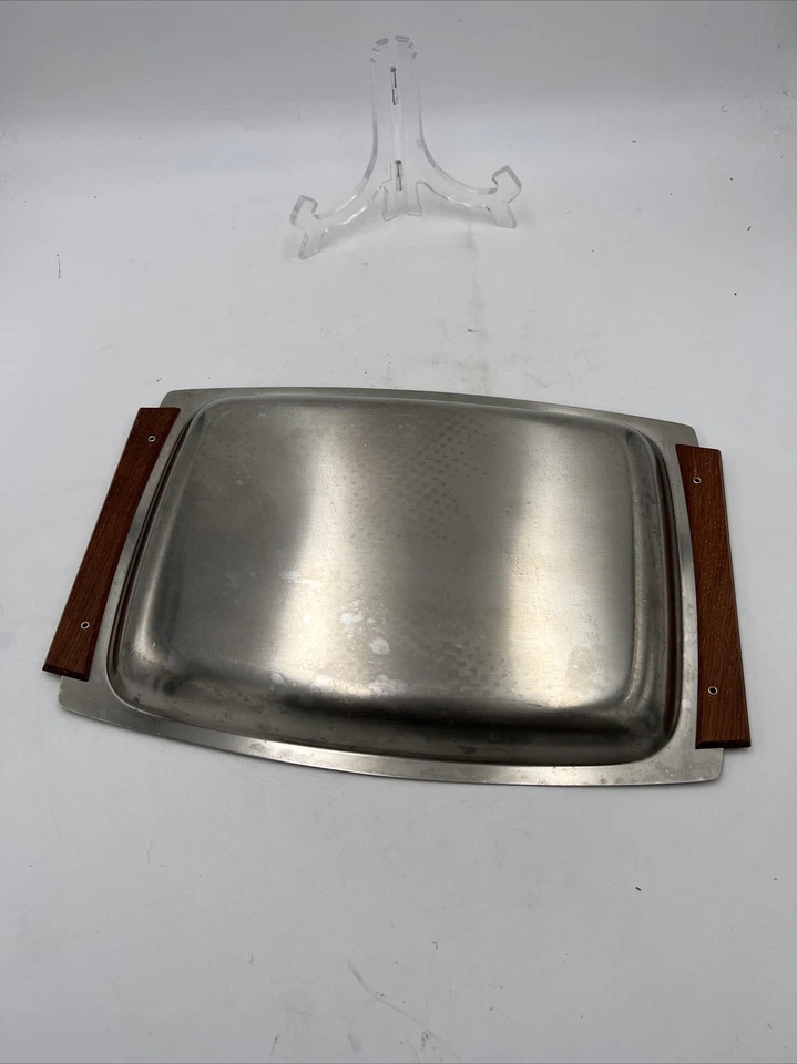 Vtg Serving Tray Stainless Steel Wood Handles S-801 18.8 Hong Kong 12.5" x 8.5"  - Image 3 of 4