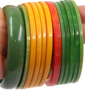 Bangle Bakelite bracelets Orangish Red 3 different tones of Green & Yellows x12