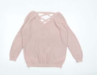 Next Damen Rosa Acryl V-Ausschnitt Schnürung Grobstrick Pullover Größe 10