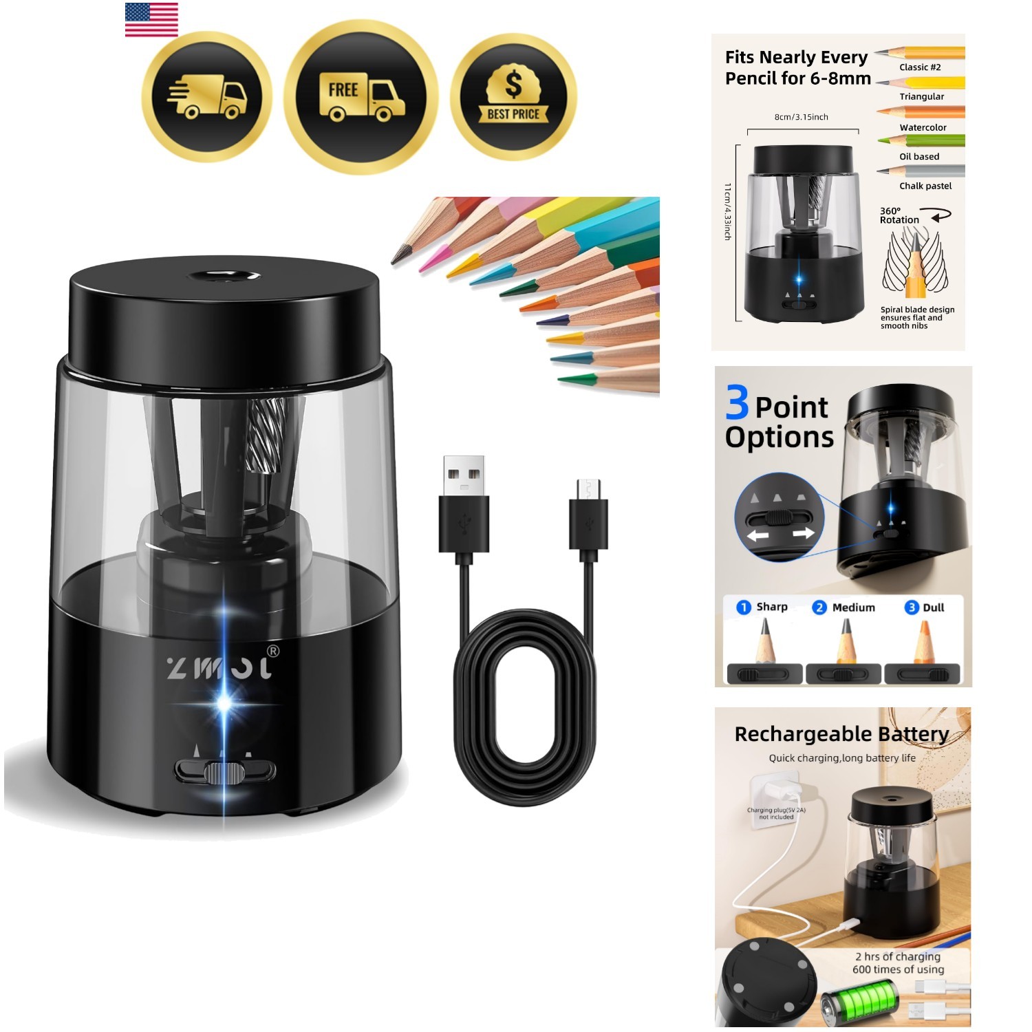 Sharpener, Automatic Pencil Sharpeners Kids, Bat...