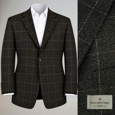 Zegna 58R / 48R Wool Cashmere Sport Coat Espresso Brown Camel Plaid 3/2 Roll