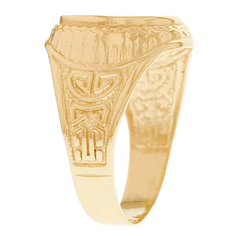 Anillo de oro amarillo de 10k o 14k simulado esmeralda diseño griego piedra de nacimiento de mayo para hombre Foto 2 de 4