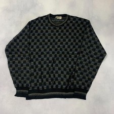 Vintage Abstract Knitted Jumper Patterned Grandad Knit Sweater Men's L