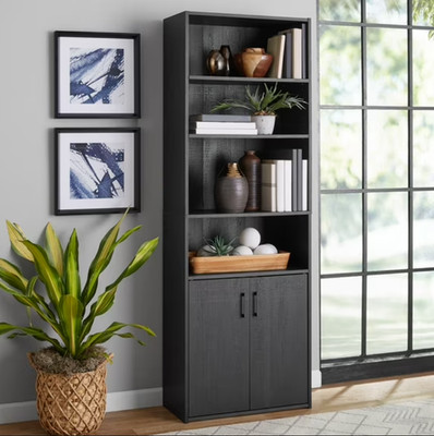 5 Shelf Bookcase with Doors Black Storage Cabinet Bookshelf