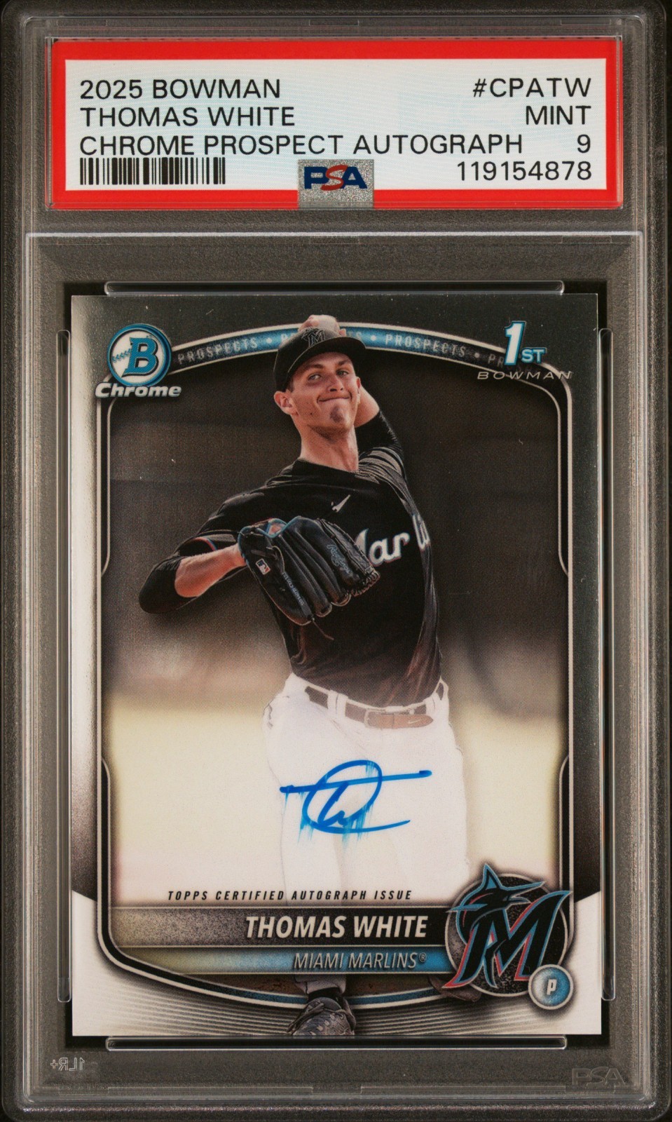 2025 Bowman Thomas White 1st Chrome Auto #CPA-TW Miami Marlins PSA 9