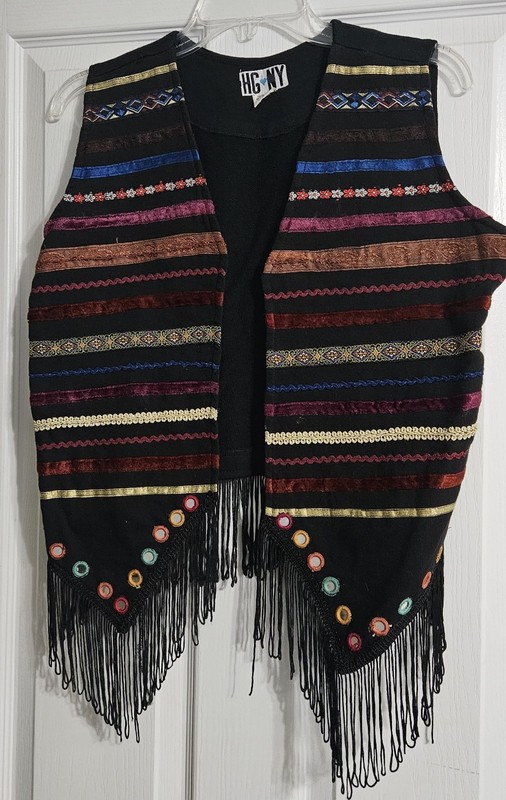 Multi Fabric Pattern Vest, Size L, Mainly Black, Mirrors And Fringe On Bottom