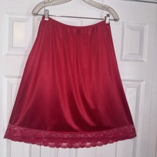Red All Nylon Half Slip Floral Lace Shiny Silky M/L Fairy Whimsical Vintage Glam