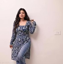Women's Blue Floral Rayon Kurti with Square Neck and Side Slit