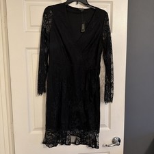 Express black Short Cocktail Dress MEDIUM lace Overlay V Neck NWT party