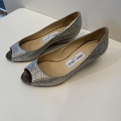 Jimmy Choo Silver Gold Glitter Bergen Peep Toe Wedges  Shoes 36 6US