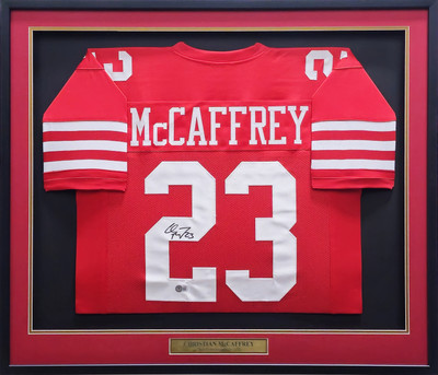 49ERS CHRISTIAN MCCAFFREY AUTOGRAPHED SIGNED FRAMED RED JERSEY BECKETT QR  234595