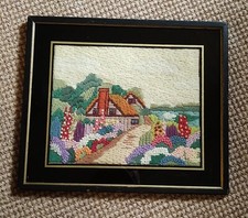 Crewel Embroidery Cottage Home Flowers Vintage Framed Wall Art Grandma Decor