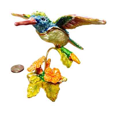 VTG HUMMINGBIRD TRINKET BOX Enameled Gold Bird Flower Figurine