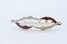 Unique Art Deco Diamonds Pearls Red Enamel 18K Yellow Gold Brooch Pin
