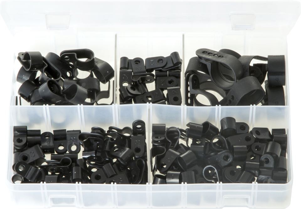 Assortment Box of Nylon Black P-Clips for Wire Cable Conduit 160 pc - AB193