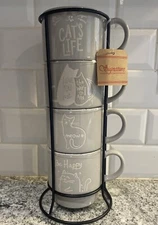 Signature Housewares Cats Life Mug Tower 4 Gray Cups With Rack New