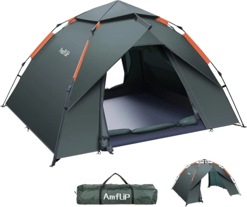 Amflip Camping Tent Automatic 3 Man Person Instant Pop Up M, army green 