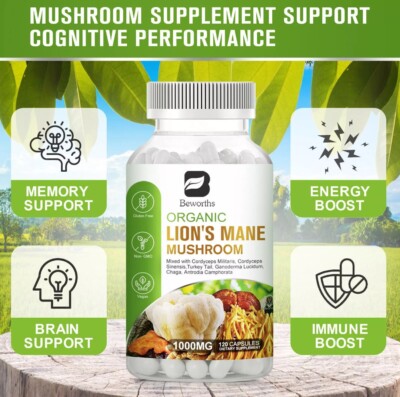 1000Mg Organic Lions Mane Mushroom Nootropic Memory Focus Immune Support
