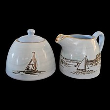 inHomestylez Seascape Sailing Ceramic Sugar Bowl with Lid and Creamer NO Chips