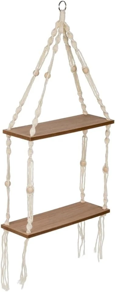 2 Tier Macrame Oak Wall Shelf - Decorative Wall Floating Hanging Display Shelve