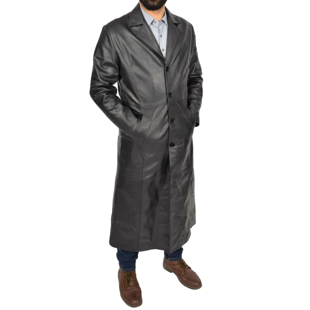 MENS LEATHER OVERCOAT FULL LENGTH TRENCH COAT BLADE | eBay