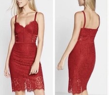 Express Women’s Red Lace Midi Dress Sleeveless Sheath Cocktail Party size 4