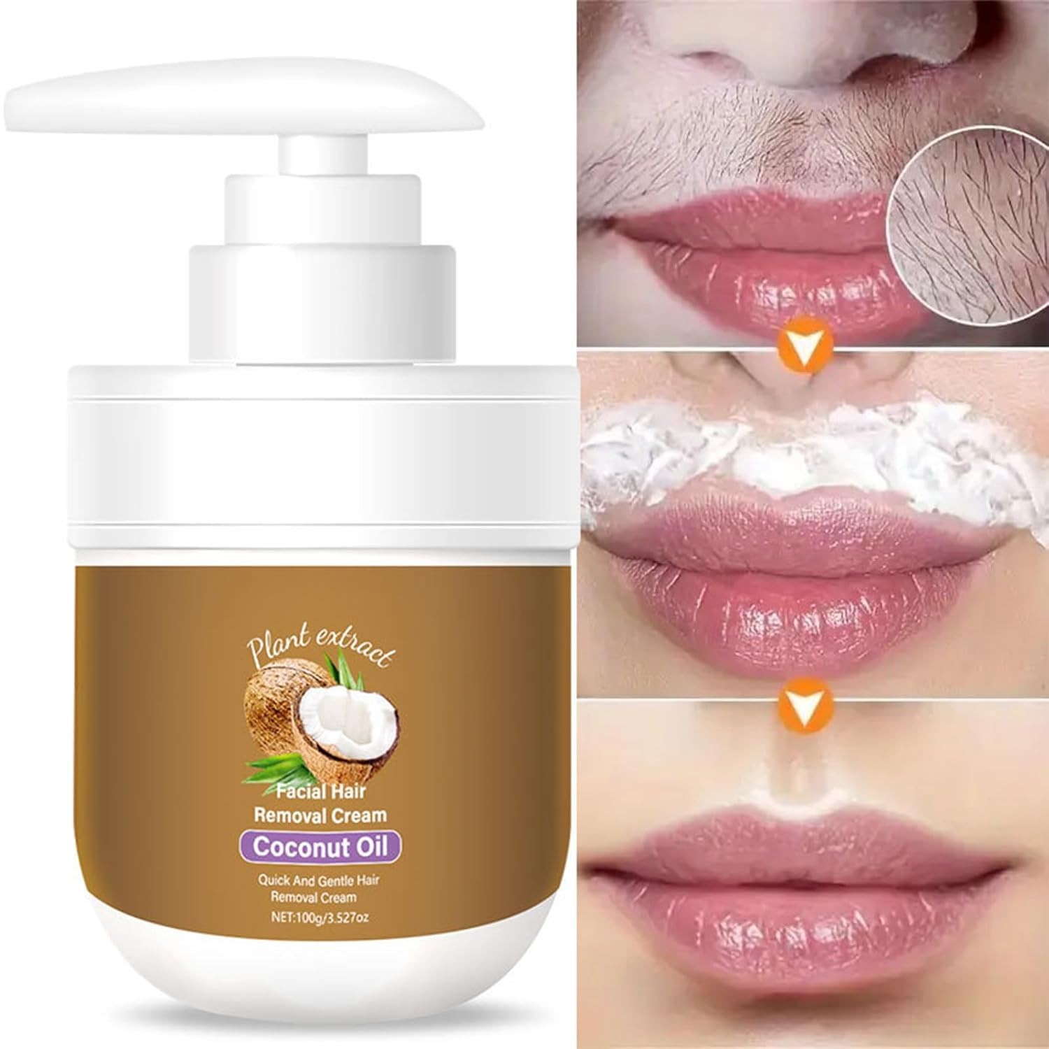 Facial Depilatory Cream, Coconut Hair Remover Cream for Upper Lip and Chin... 