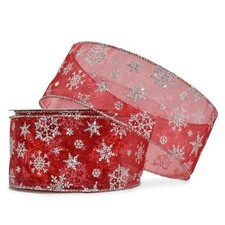 25ft Spool Christmas Red Sheer Silver Glitter Snowflakes Wired Ribbon 2.5" Wide