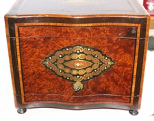 Antique French Brass Inlay Inlaid Tantalus Box Liquor Cabinet Burl Wood Empty