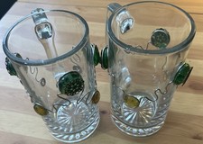 2 Vintage CLEAR Glass Beer Mug STEINS WITH HAND MADE WORK WITH METAL AND STONES