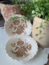 2 ANTIQUE IRONSTONE Brown Transferware Charlotte Clarice Cliff Fruit Bowls