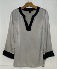 Citron Collection Silk Blouse Women’s S Beige Black Trim Tunic Top