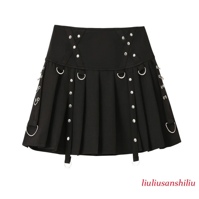 Womens Mini Pleated Skirt High Waist Rivets Punk Gothic Harajuku Club Rock Black