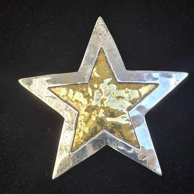Jeep Collins Star Brooch Sterling Silver & Brass Handmade Unique 2-1/2''