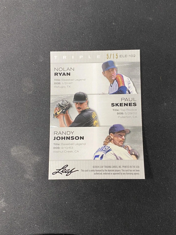 Nolan Ryan Paul Skenes Randy Johnson 2024 Leaf Metal Trio RC - Image 2 of 2