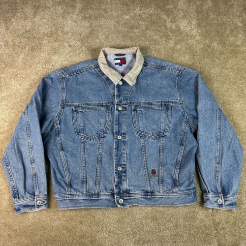 Vintage Tommy Hilfiger Jean Jacket Mens Large Blue Denim Crest Logo Trucker