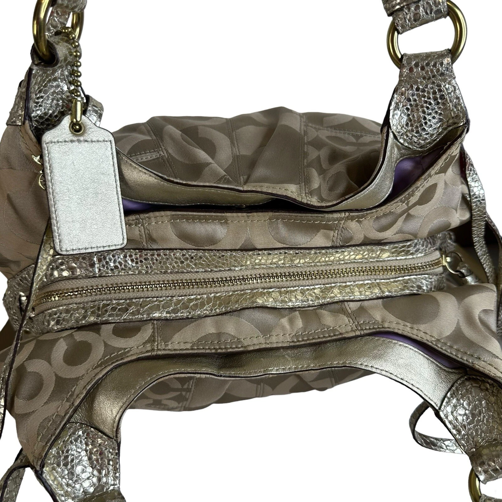 Borsa a tracolla Coach monogramma logo C beige pelliccia metallica finitura tela pelle #13905