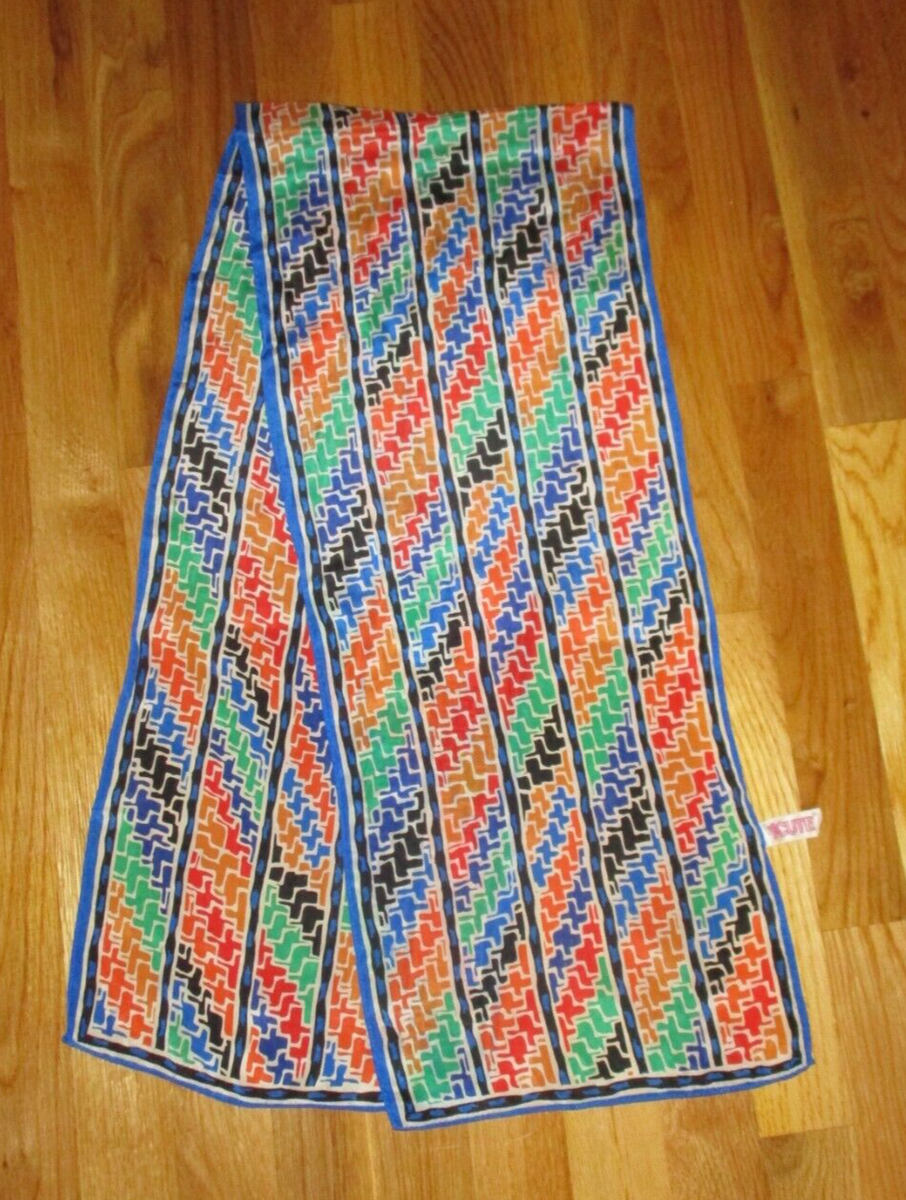 Vintage Acute Blue Red Orange Black Geometric 100% Silk  display picture 3