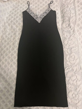 H M Black Jersey Slip Dress Midi V-Neck White Lace Trim Stretch Medium M